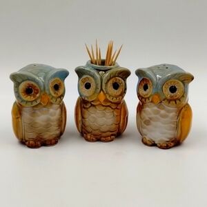 Matching ceramic owl salt and pepper shakers and toothpicks holder